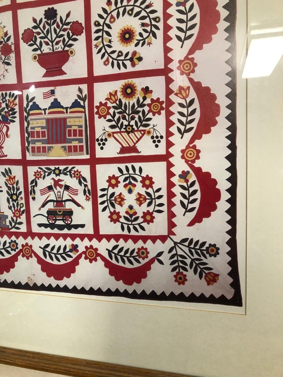 LOT 2K Red Home Decor Framed Baltimore Brides Quilt Print, Wooden