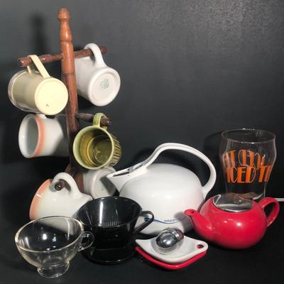 LOT 13L: Tea Collection - Presto Electric Whistling Tea Kettle Model 0270303, Shenango Mugs, Pour Over Funnels, Mug Rack & More