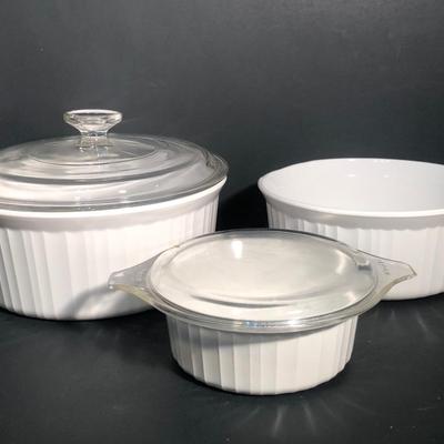 LOT 14L: Corning Ware French White Casserole Dishes - Most w/ Glass Pyrex Lids