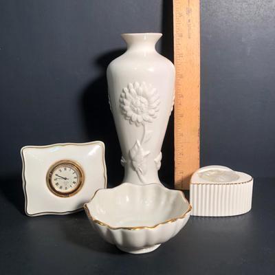 LOT 19L: Lenox Collection - Sunflower Bud Vase, Quartz Clock, Heart Votive & Scalloped Bowl