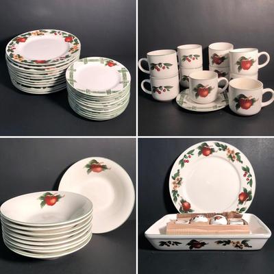 LOT 21L: The Cades Cove Collection Apple Themed Plates, Mugs, Bowls, Serving Dishes & Napkin Rings