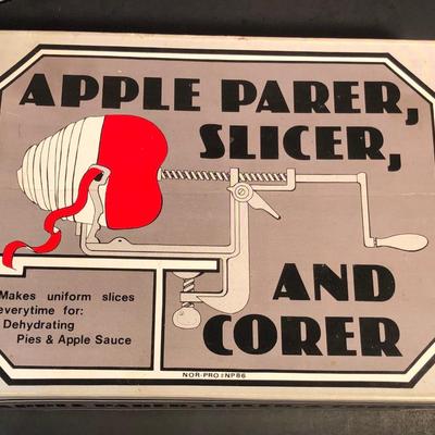 LOT 23L: Vintage Apple Parer, Slicer, and Corer, Expandable Wooden Trivet, Kitchen Timer, S&P Shakers, Counter Saver, Recipe Book Holder...