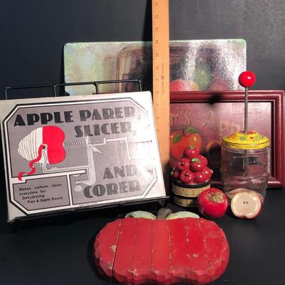 LOT 23L: Vintage Apple Parer, Slicer, and Corer, Expandable Wooden Trivet, Kitchen Timer, S&P Shakers, Counter Saver, Recipe Book Holder...