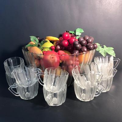 LOT 28L: Vintage Jeanette Glass Dewdrop Punch Bowl w/ 12 Matching Cups & Faux Fruit