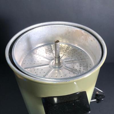 LOT 34L: Aluminum 22-Cup Electric Percolator, Biscotti Jar & Jewel Stone by Sakura H 045/15 Espresso Mugs w/ Saucers