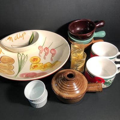 LOT 36K: Large Painted Chip 'N Dip Bowl, Libbey Wheat Glasses (2), Hickory Farms Soup Bowls & More