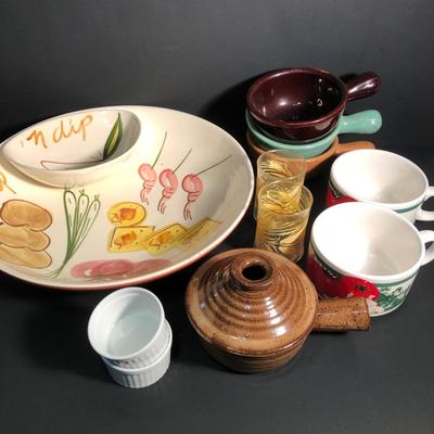 LOT 36K: Large Painted Chip 'N Dip Bowl, Libbey Wheat Glasses (2), Hickory Farms Soup Bowls & More