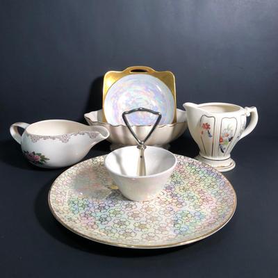 LOT 37L: Pearl China Co. Iridescent Serving Platter, Floral China Pitchers & More