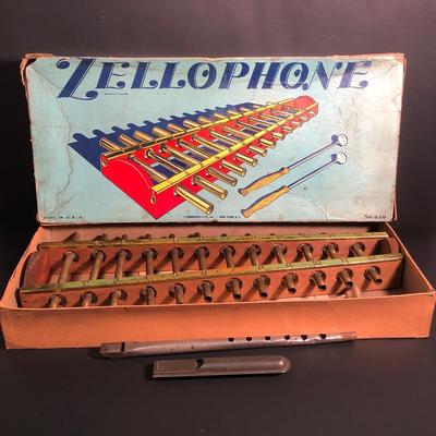 LOT 38L: Vintage Zellophone w/ Box (No Sticks), American Flyer Train Whistle No. 1 & Metal Wind Instrument