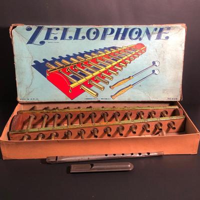 LOT 38L: Vintage Zellophone w/ Box (No Sticks), American Flyer Train Whistle No. 1 & Metal Wind Instrument
