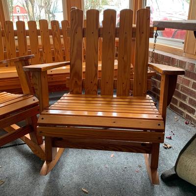 LOT 45 P: Wooden Patio Set W/ Swinging Bench Seat, Rocking Chair, Chair, & Coffee Table
