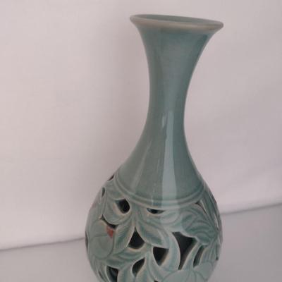 Glazed Ceramic Vase with Reticulated Design- Approx 10