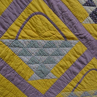 Vintage Hand-Pieced & Quilted Basket Pattern Quilt 80â€x76â€