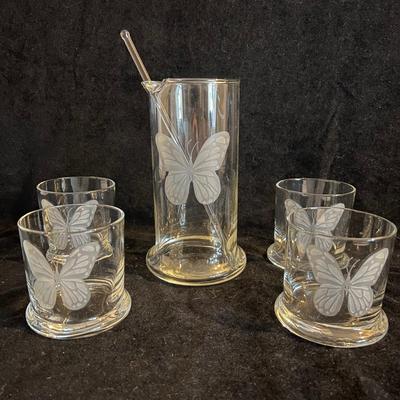 Etched Butterfly Glass Pitcher & Tumblers (O-RG)