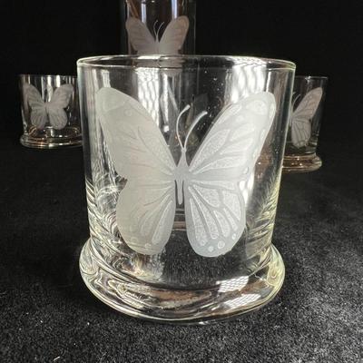 Etched Butterfly Glass Pitcher & Tumblers (O-RG)