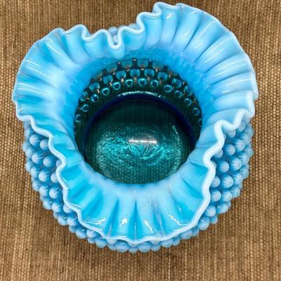 LOT 12 - Vintage Fenton Glass Hobnail Blue Opalescent Ruffled Vase