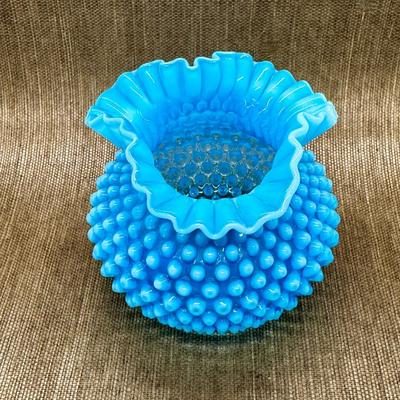 LOT 12 - Vintage Fenton Glass Hobnail Blue Opalescent Ruffled Vase
