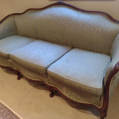 Antique Victorian Style Wood Framed Camel Back Sofa with Feather Filled Cushions- Approx 74
