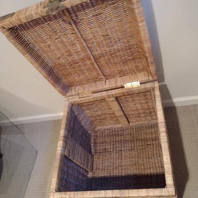 Woven Wicker Storage Box with Metal Corner Accents and Glass Top- Approx 19 3/4