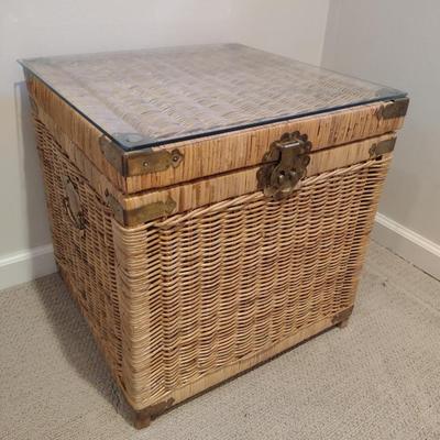 Woven Wicker Storage Box with Metal Corner Accents and Glass Top- Approx 19 3/4