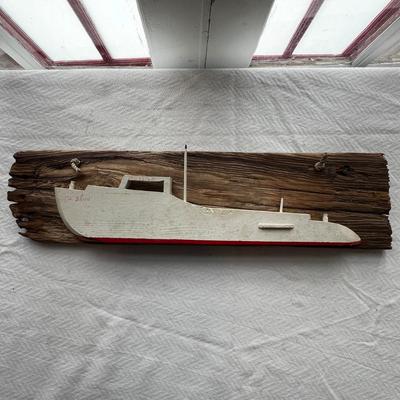 N282 â€œMs Dawnâ€ 1/2 Hull Work Boat Model on Drift Wood