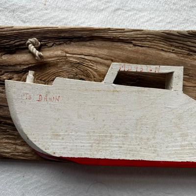 N282 â€œMs Dawnâ€ 1/2 Hull Work Boat Model on Drift Wood