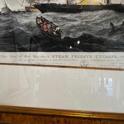 N284 Antique Henry A. Papprill â€œHer Majestyâ€™s Steam Frigate Cyclops of Spitheadâ€ Hand Colored Aquatint on Paper