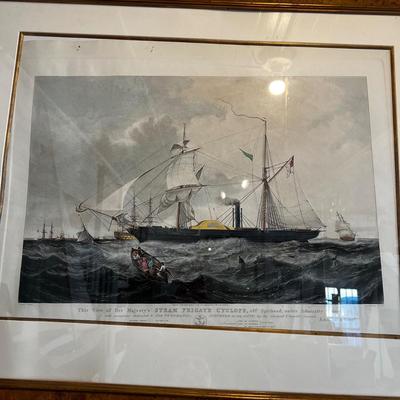 N284 Antique Henry A. Papprill â€œHer Majestyâ€™s Steam Frigate Cyclops of Spitheadâ€ Hand Colored Aquatint on Paper