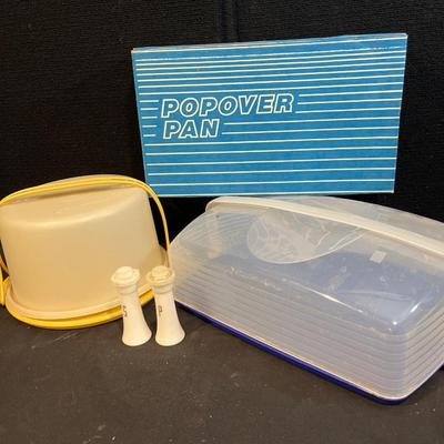 G105- Tupperware cake carrier & S&P shakers, cupcake carrier, popover pan