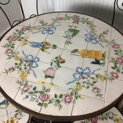 332 Portuguese Hand Painted Tile Top & Iron Table and Chairs