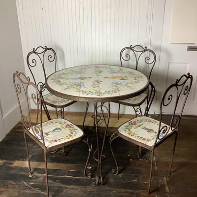 332 Portuguese Hand Painted Tile Top & Iron Table and Chairs