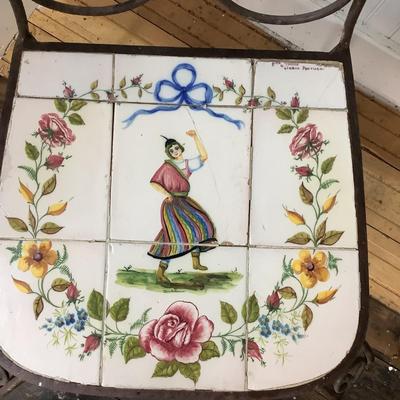 332 Portuguese Hand Painted Tile Top & Iron Table and Chairs