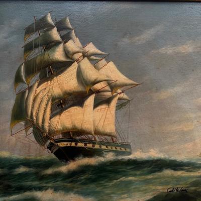 N287 Early 20th Century Antique Oil Painting of Ship & Seascape