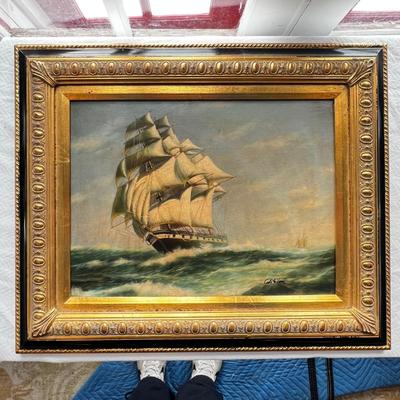 N287 Early 20th Century Antique Oil Painting of Ship & Seascape