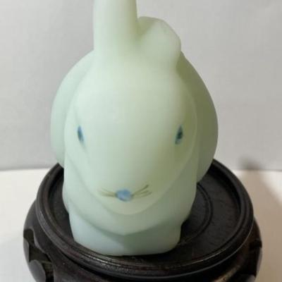Fenton Blue Roses on Blue Satin Glass Spring Bunny Figurine Signed by the Artist on an Asian Base.