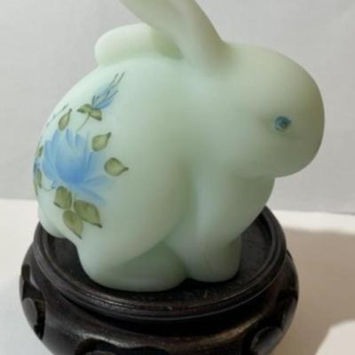 Fenton Blue Roses on Blue Satin Glass Spring Bunny Figurine Signed by the Artist on an Asian Base.