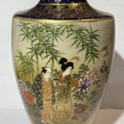 Scarce Japanese Cobalt-Ground Meiji Period (1868-1912) Satsuma Signed Base Vase w/2 Panels 7