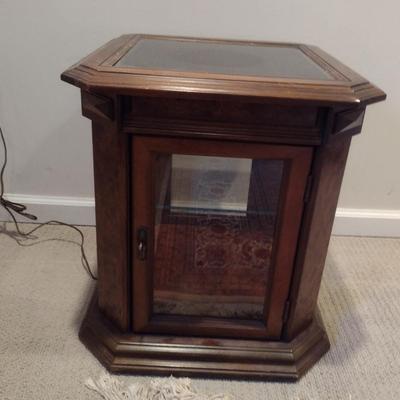 Wooden Lighted Display Cabinet Side Table with Glass Insert Top- Approx 18 7/8