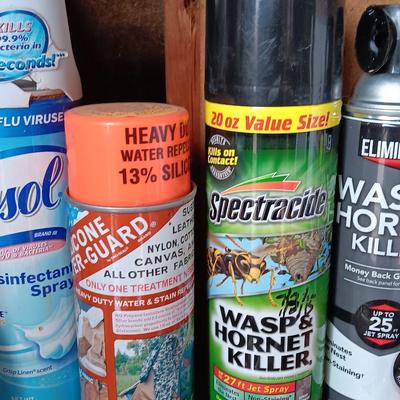 Variety of full to mostly full chemicals for the house - insect control - cleaning - and more
