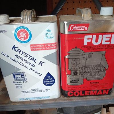 Camping Fuel - Coleman Fuel full metal can, and Krystal K Kerosene partial full metal can