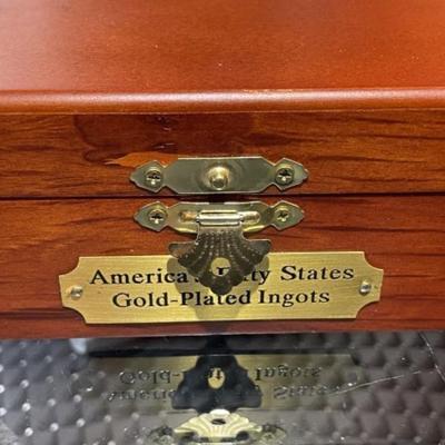 America's Fifty States 18k Gold Plated Ingots Partial Set in Walnut Case (18 Ingots) as Pictured.