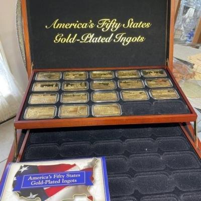 America's Fifty States 18k Gold Plated Ingots Partial Set in Walnut Case (18 Ingots) as Pictured.
