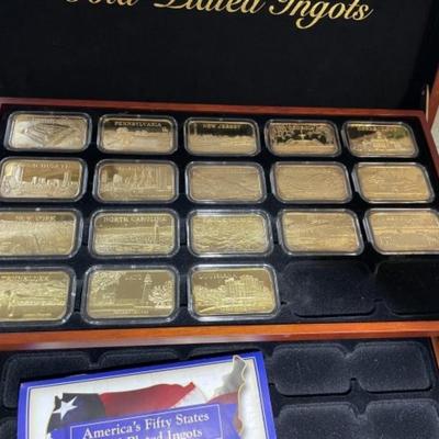 America's Fifty States 18k Gold Plated Ingots Partial Set in Walnut Case (18 Ingots) as Pictured.