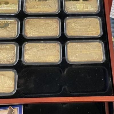 America's Fifty States 18k Gold Plated Ingots Partial Set in Walnut Case (18 Ingots) as Pictured.