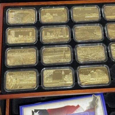 America's Fifty States 18k Gold Plated Ingots Partial Set in Walnut Case (18 Ingots) as Pictured.