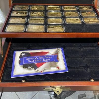 America's Fifty States 18k Gold Plated Ingots Partial Set in Walnut Case (18 Ingots) as Pictured.