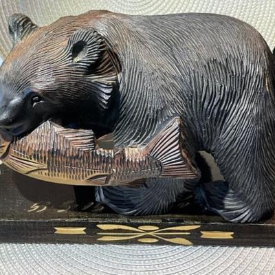 Vintage Japanese Arts & Crafts Hand Carved Bear Figure Signed from Hokkaido Japan (11" Long x 6" Tall BASE) in VG Preowned...