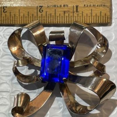 Vintage JAR Huge Gold-toned over Sterling Silver Bow Pin/Brooch w/Large Blue Stone Preowned from an Estate as Pictured.