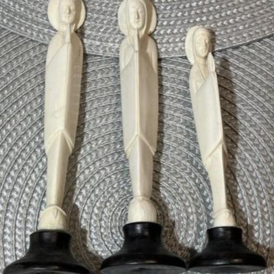 3-Scarce Vintage Hand Carved Ivory Color Bone Praying Madonna Figurines on Wooden Bases Preowned from an Estate.