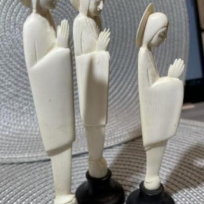 3-Scarce Vintage Hand Carved Ivory Color Bone Praying Madonna Figurines on Wooden Bases Preowned from an Estate.